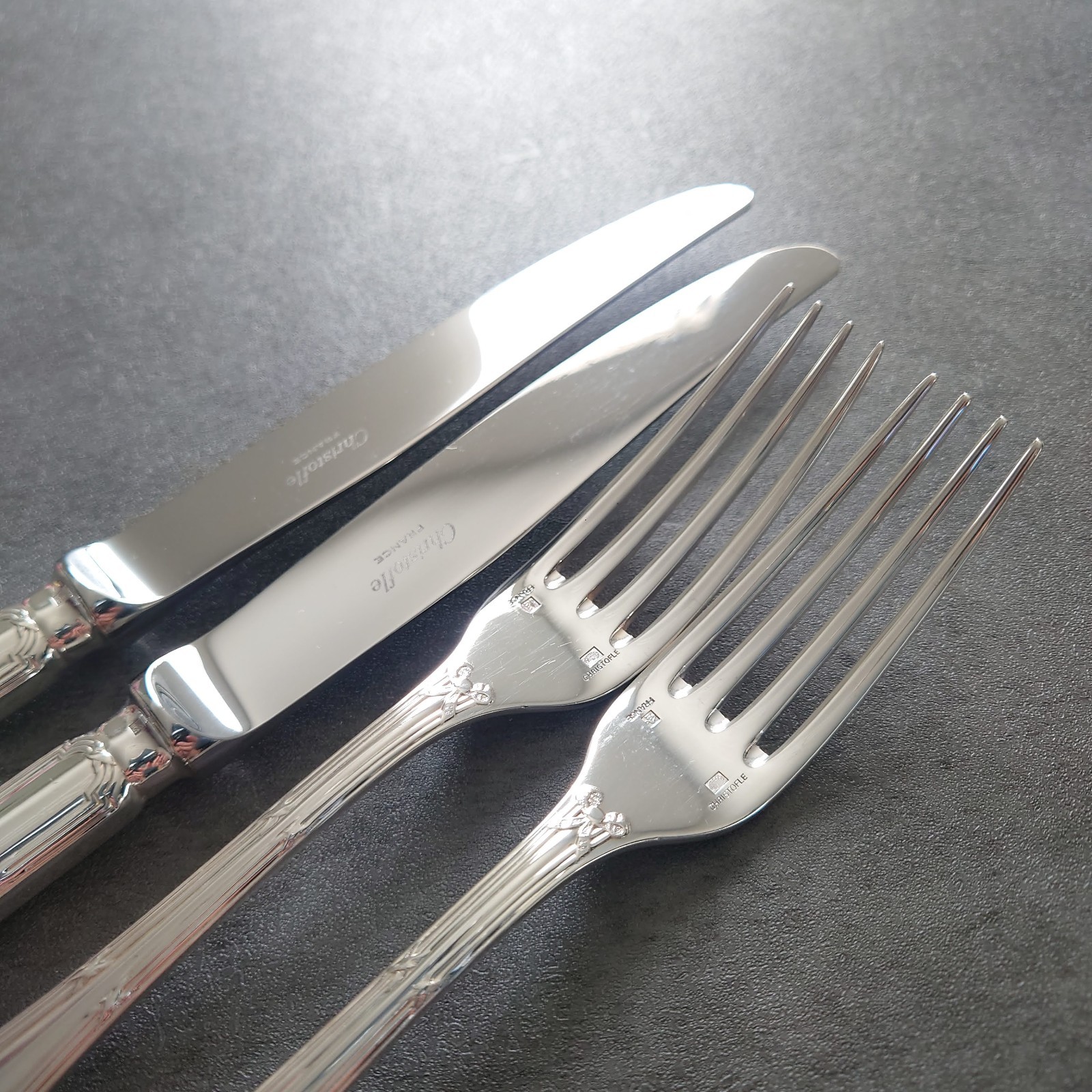 Christofle Rubans 6pcs Flatware Silverplated Table Knife Fork Spoon Excellent