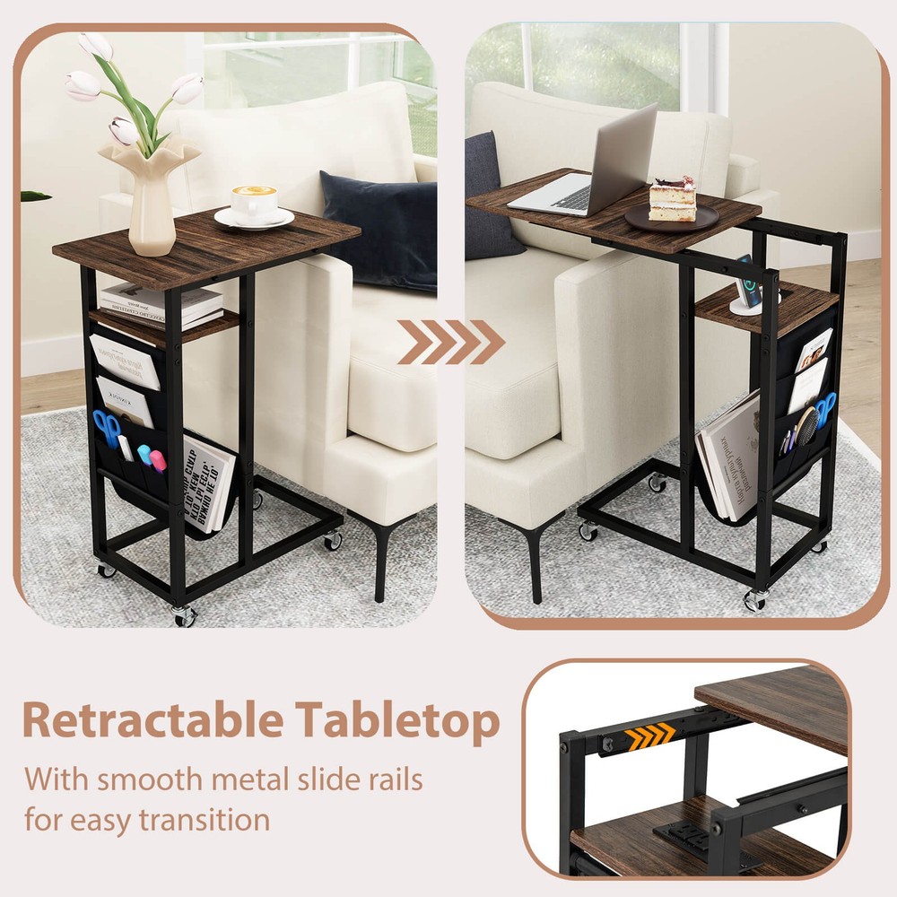 C-shaped End Table w/ Charging Station Rolling Bedside Table Couch Side Table