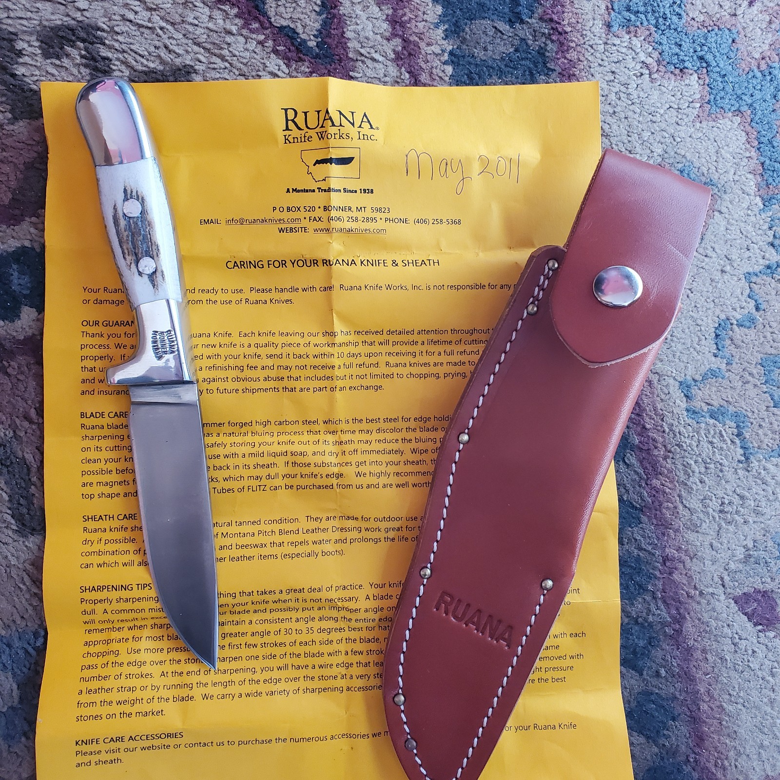 Ruana Bonner Montana Fixed Blade Hunting Knife Model #95AD with Sheath NEW Cond.