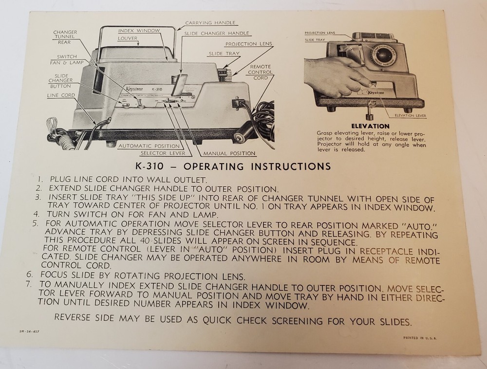 Vintage Keystone K-310 Slide Projector OPERATING INSTRUCTIONS
