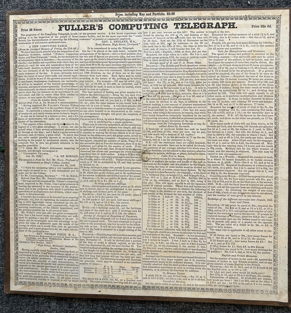Antique Fuller's Computing Time Telegraph / Palmers Computing Scale @ 1847