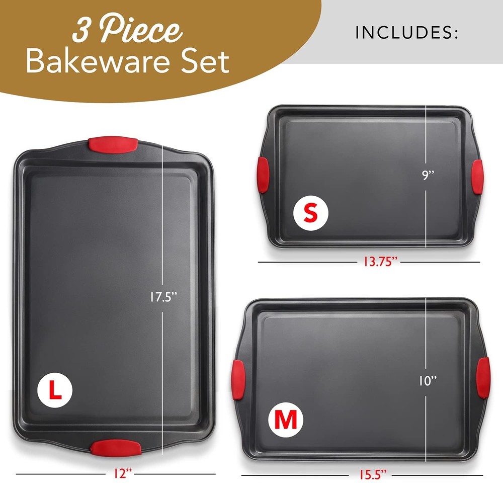 Baking Sheet Set, 3-Piece Cookie Set with Silicone 3 Piece Black