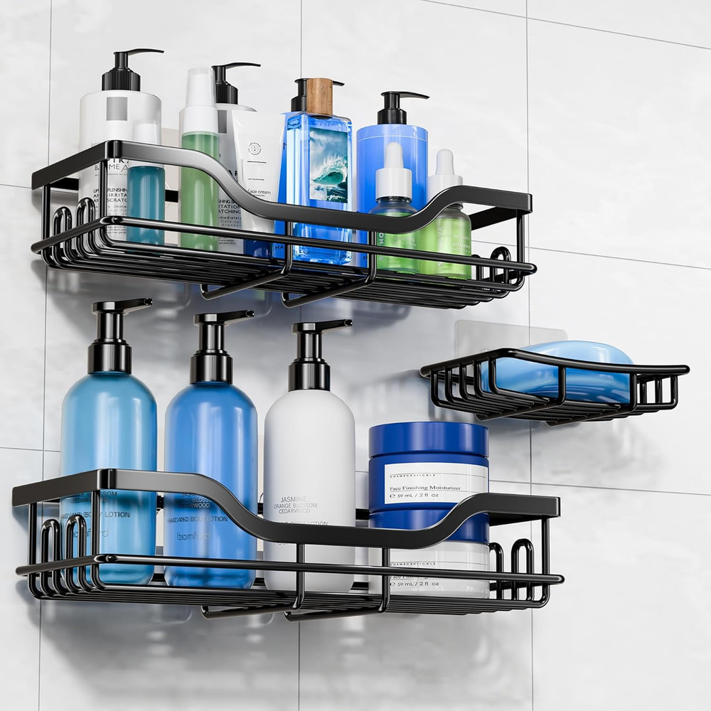 3-Pack Shower Caddy with Soap Holder, Adhesive Rustproof No-Drill Strudy Loading