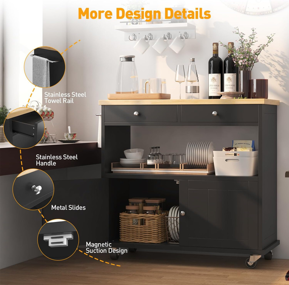 Portable Rolling Kitchen Island with Storage, 2 Drawers & Lockable Wheels