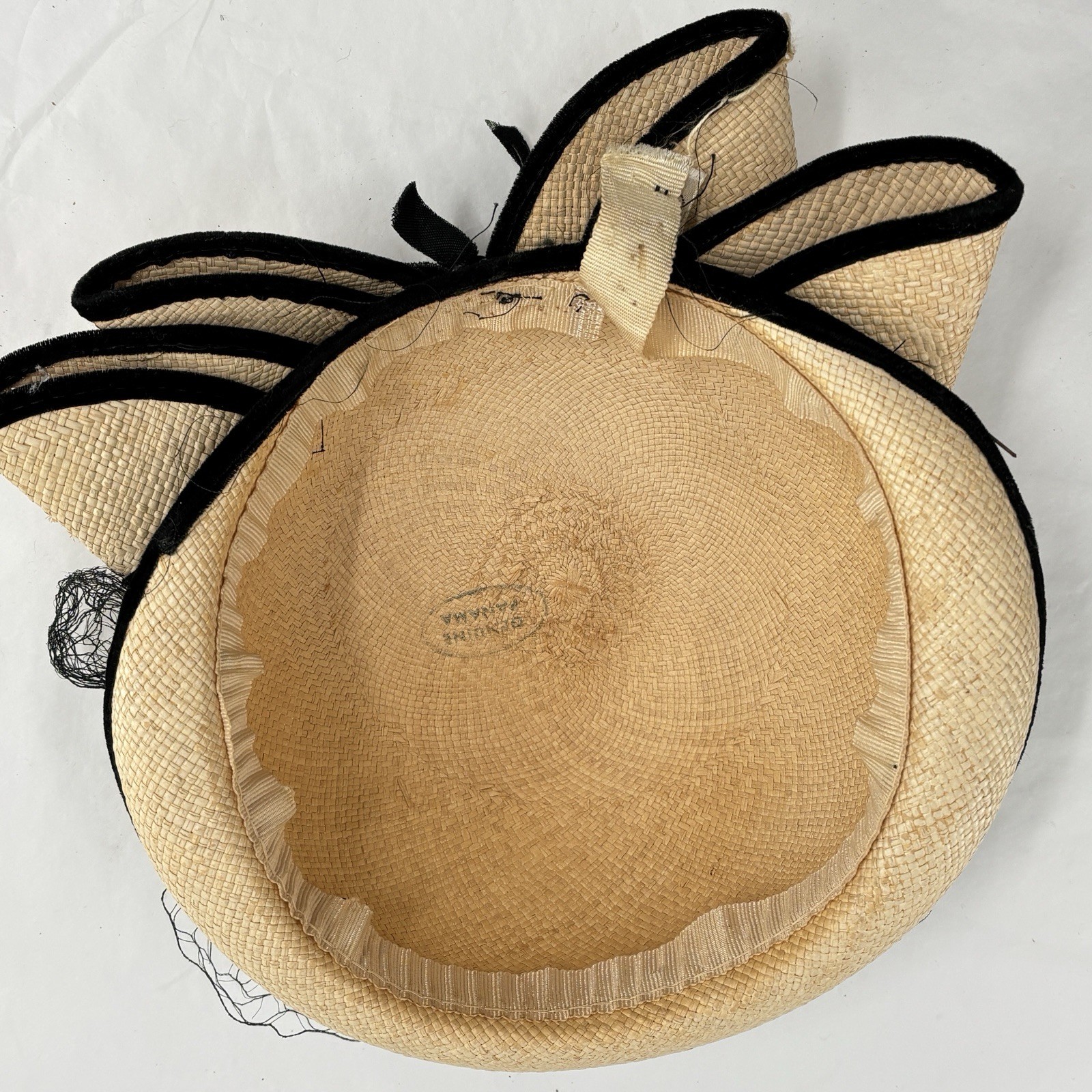 Vtg 60s Genuine Panama Straw Tilt Hat Black Velvet Trim Veil