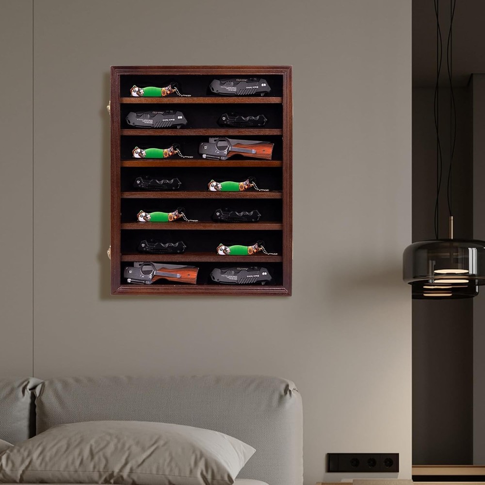 7 Layers Knife Display Case Cherry Wood Locking Cabinet W/ 6 Removable Double