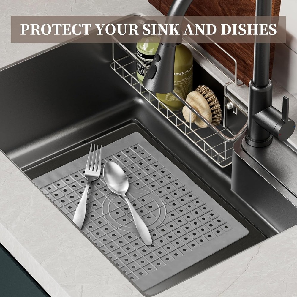 Kitchen Sink Mat, 12" x 10" Rectangular Sink Protector Pad, Fast-Draining Gri...