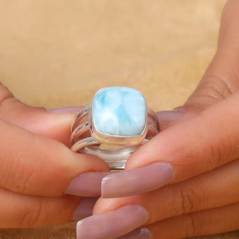 Larimar Ring 925 Sterling Silver Band& Statement Ring Handmade Ring All Size