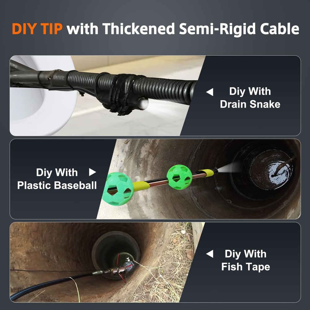 Triple Lens Inspection Drain Camera, 5" IPS Split Screen Borescope with Light...