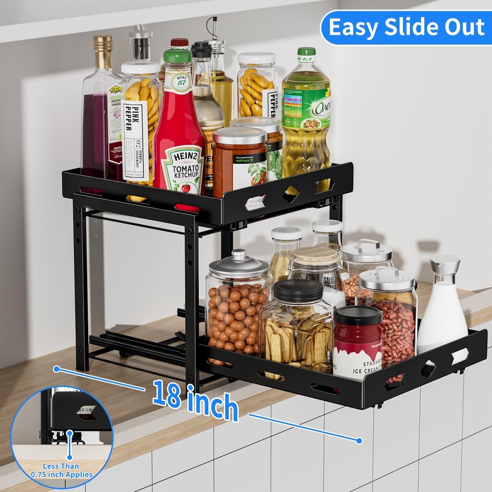 2-Tier Pull Out Spice Rack Organizer for Cabinet, Adjustable Height, Black