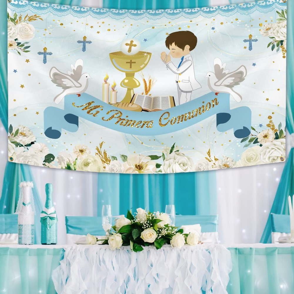 First Communion Decorations First Communion Backdrop Baptism God Bless Banner...