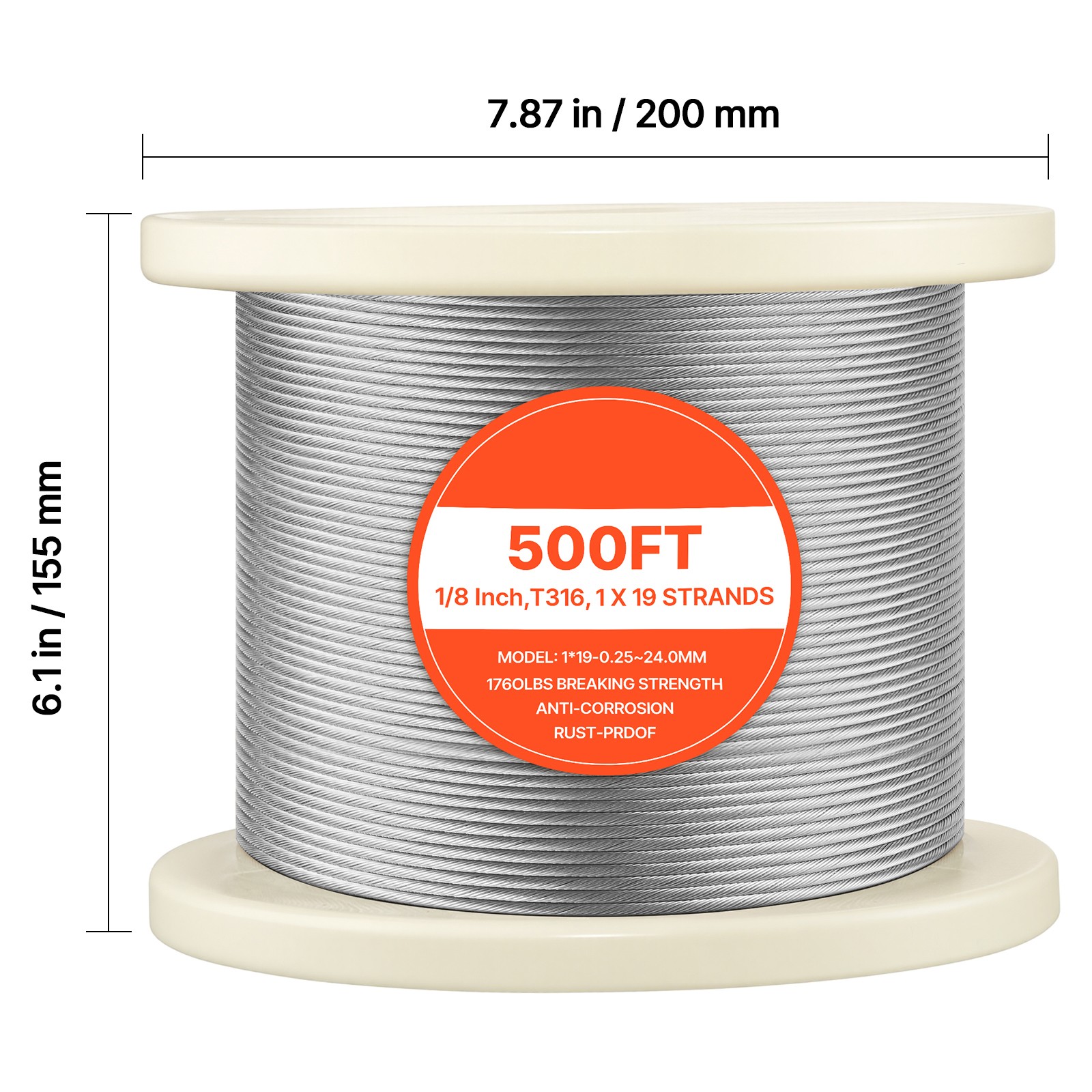 Uimoso 316 Stainless Steel 1/8 in Wire Rope, 1x19 Strand, 500 ft for Railing