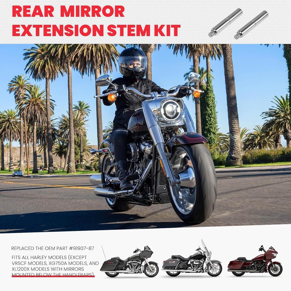 2" Motorcycle Mirror Risers Height Extender Adapters Kit compatible with Harley
