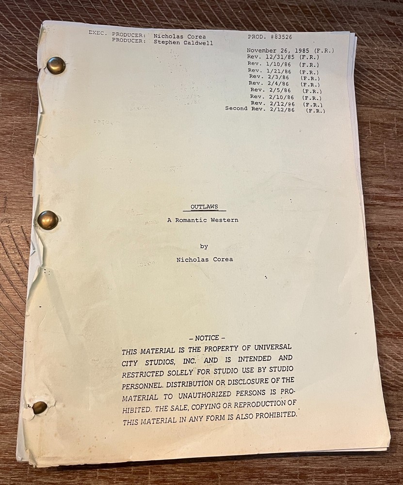 RARE 1986 Original Nicholas Corea SCRIPT 'The Outlaws" Sci-Fi Western TV / Hulk!