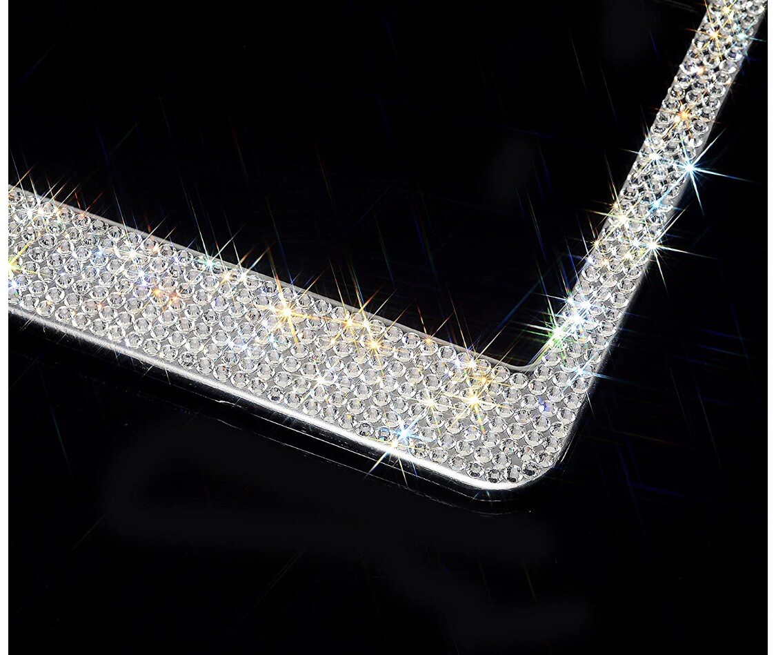 2 LUXURY White Diamond CRYSTAL Metal License Plate Frame Cap Made With Swarovski