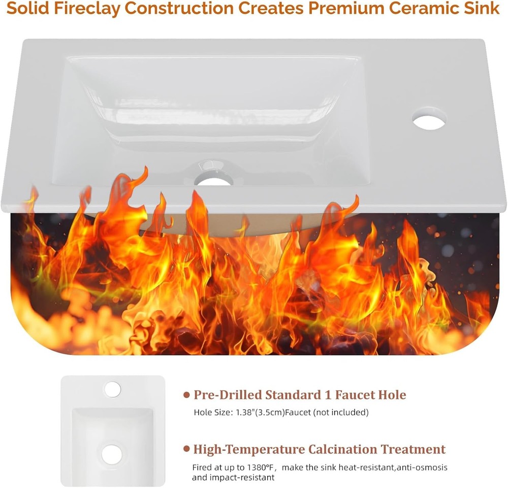 18" Bathroom Vanity Top with Sink | Pre-Drilled Hole, Modern Rectangular Design