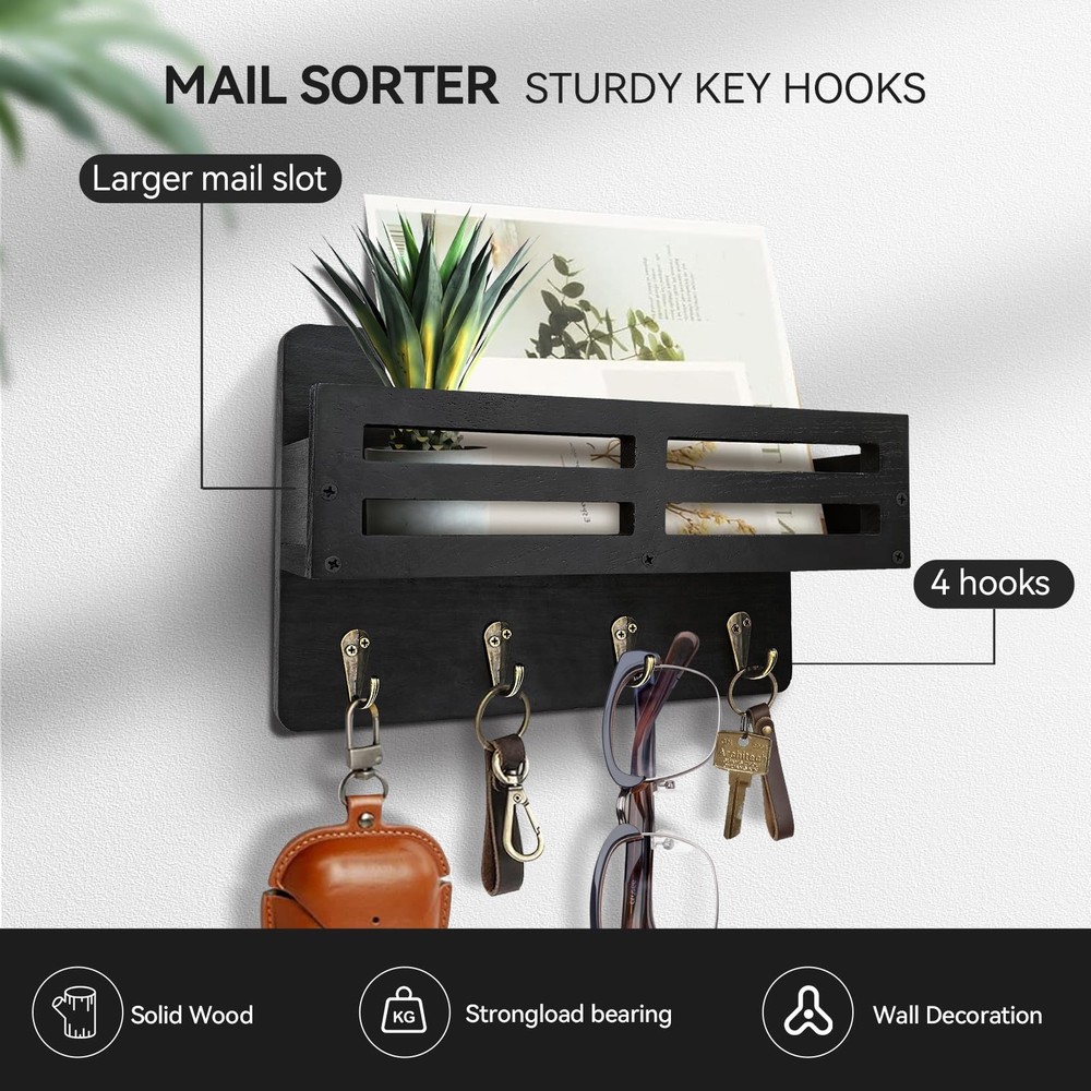 Wall-Mounted Key Holder & Mail Organizer with Hooks - Entryway Storage & Decor