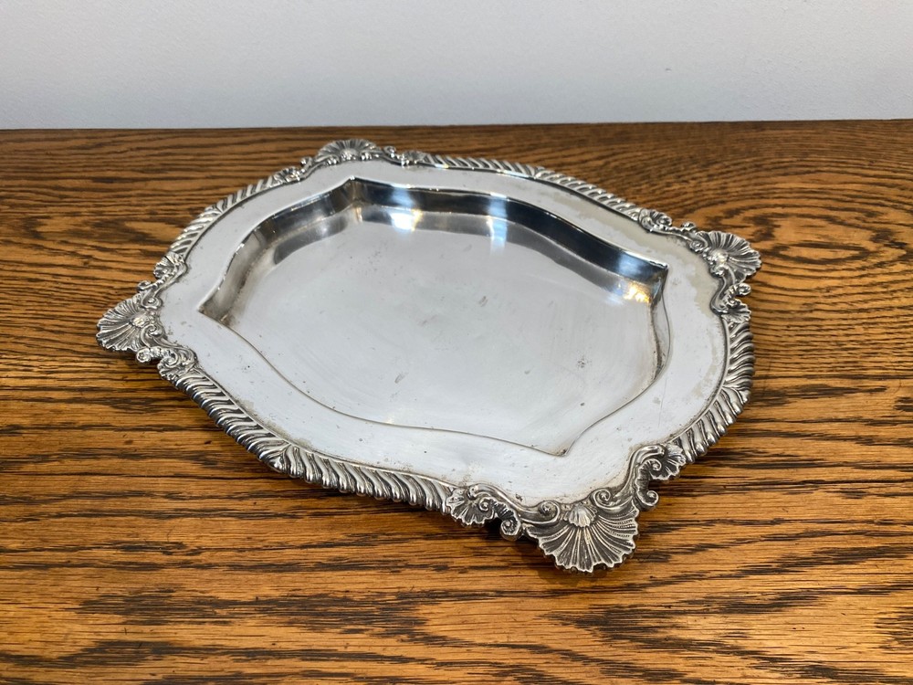 ANTIQUE 19TH C SHELL FORM FRAMED RECESSED SILVER PLATE TRAY DISH