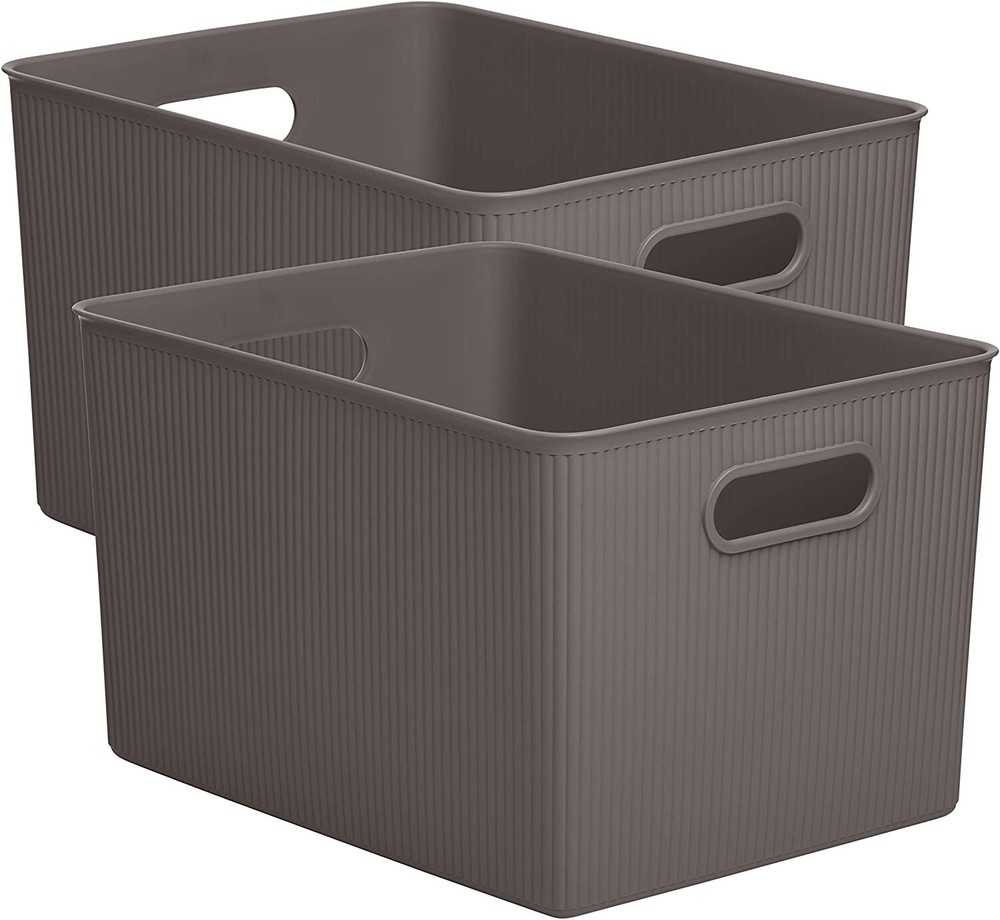 Superio 22L Large Ribbed Storage Bin- Plastic Storage Bin (2 Pack, Brown)