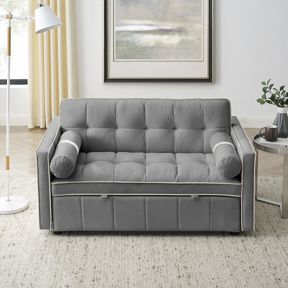 55.5" Pull Out Sleep Sofa Bed 2 Seater Loveseats Sofa Couch w/ Side Pockets