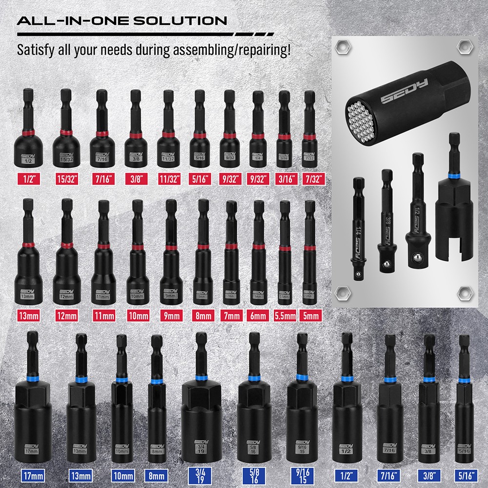 80PC Magnetic Impact Nut Driver Set Metric & SAE with Adapter 1/4'' Quick Change