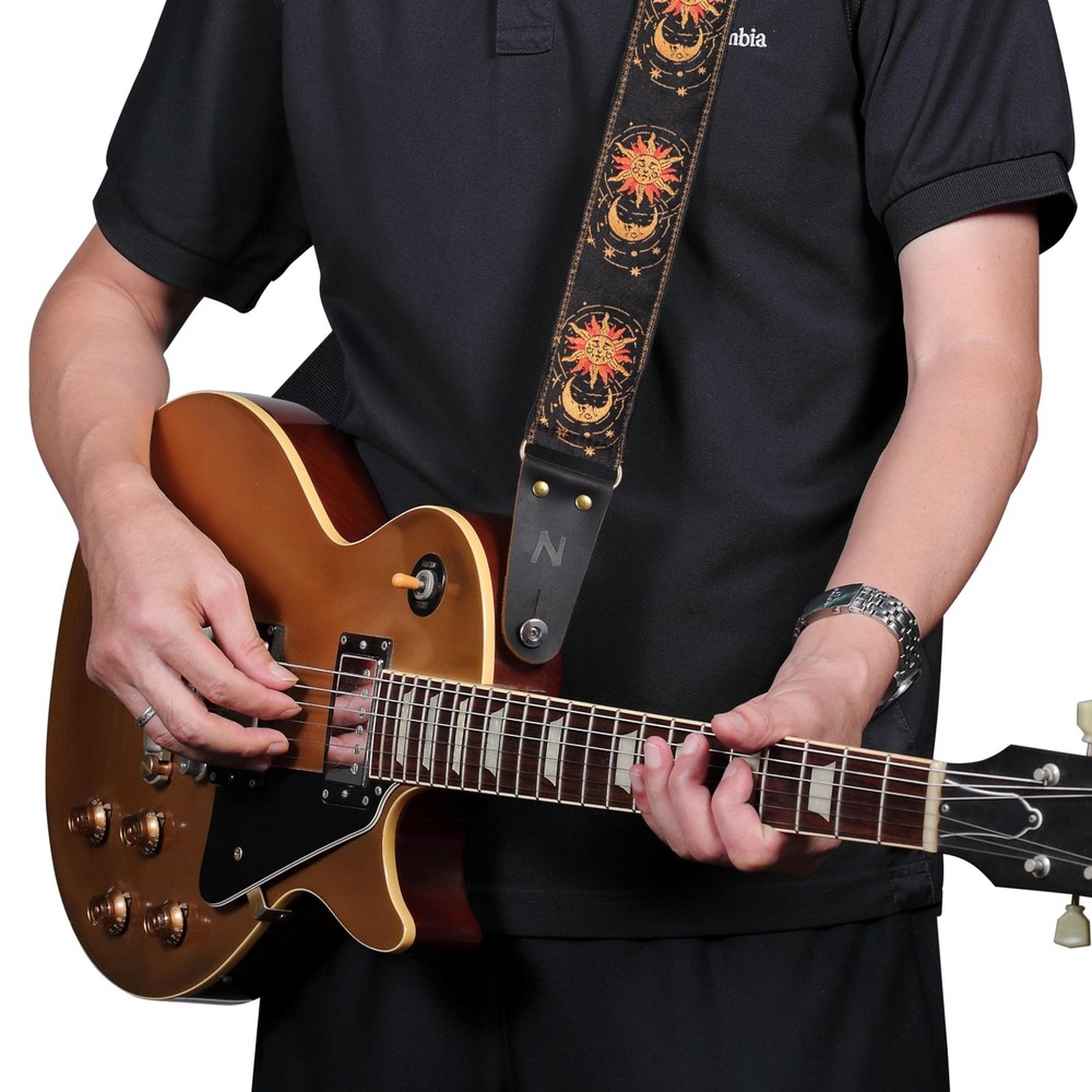 Nefelibata Guitar Strap - Sun & Moon Embroidery Leather Ends 4 Picks