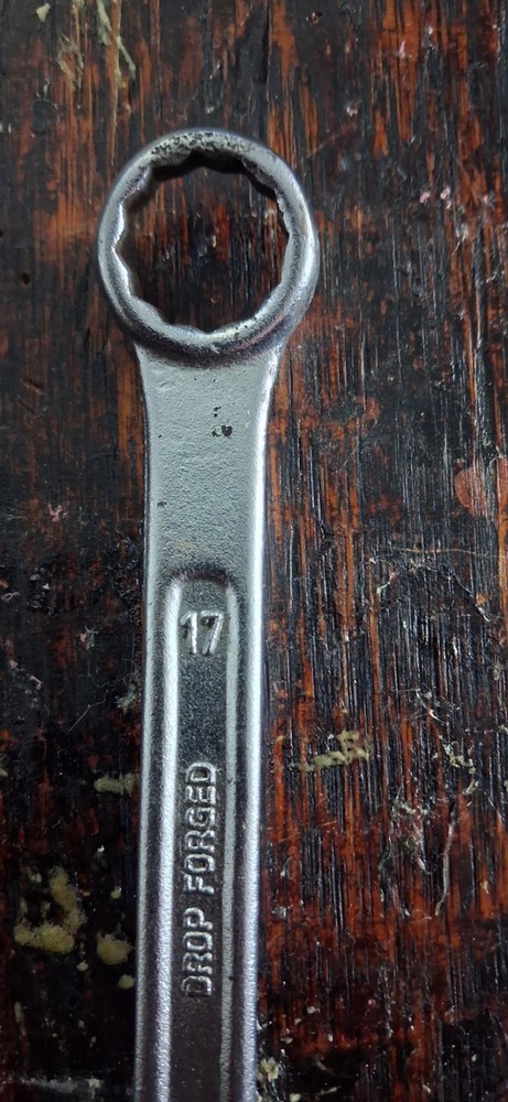 Drop Forged 17mm Open End and Ring Spanner. In a used condition.