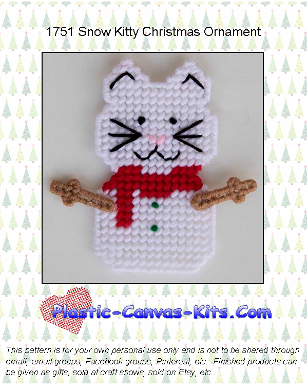 Snow Kitty Cat Christmas Ornament-Plastic Canvas Pattern or Kit