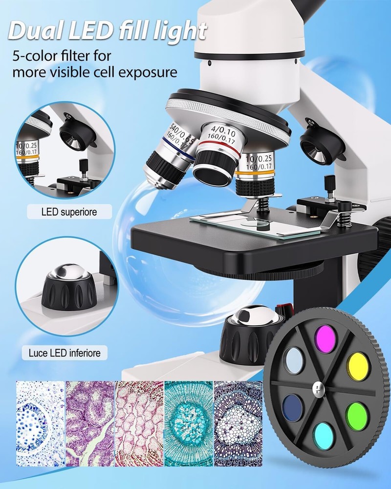 Compound Microscope, 2000x Magnification, with Smartphone Adapter, Slide Set, Du