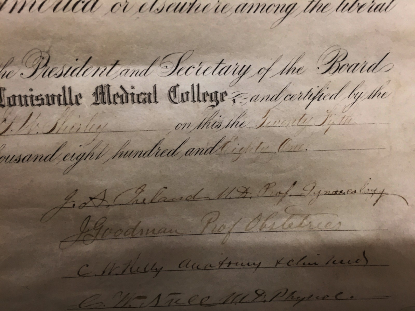 ANTIQUE 1881 LOUISVILLE MEDICAL COLLEGE DOCTOR DIPLOMA ON PARCHMENT GOOD