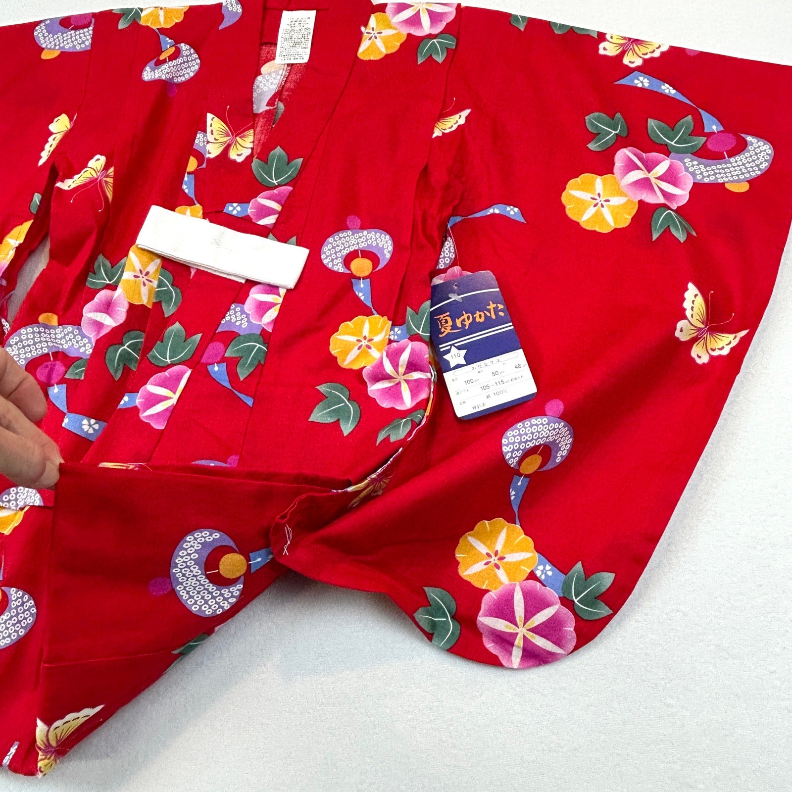 Japanese Summer Yukata Kimono Girls 32”L Red Floral Butterfly New 100% Cotton