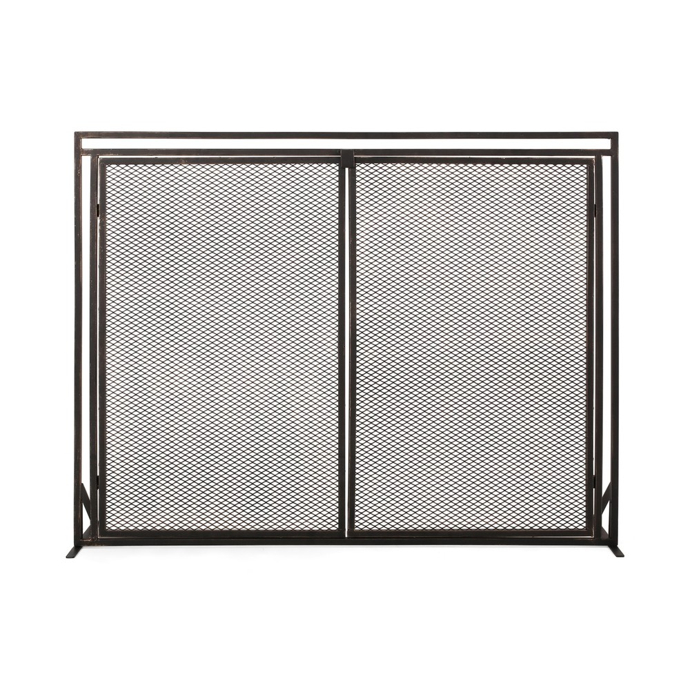 40" Iron Fireplace Screen Matte Black, Modern Single Panel with 2 Access Doors