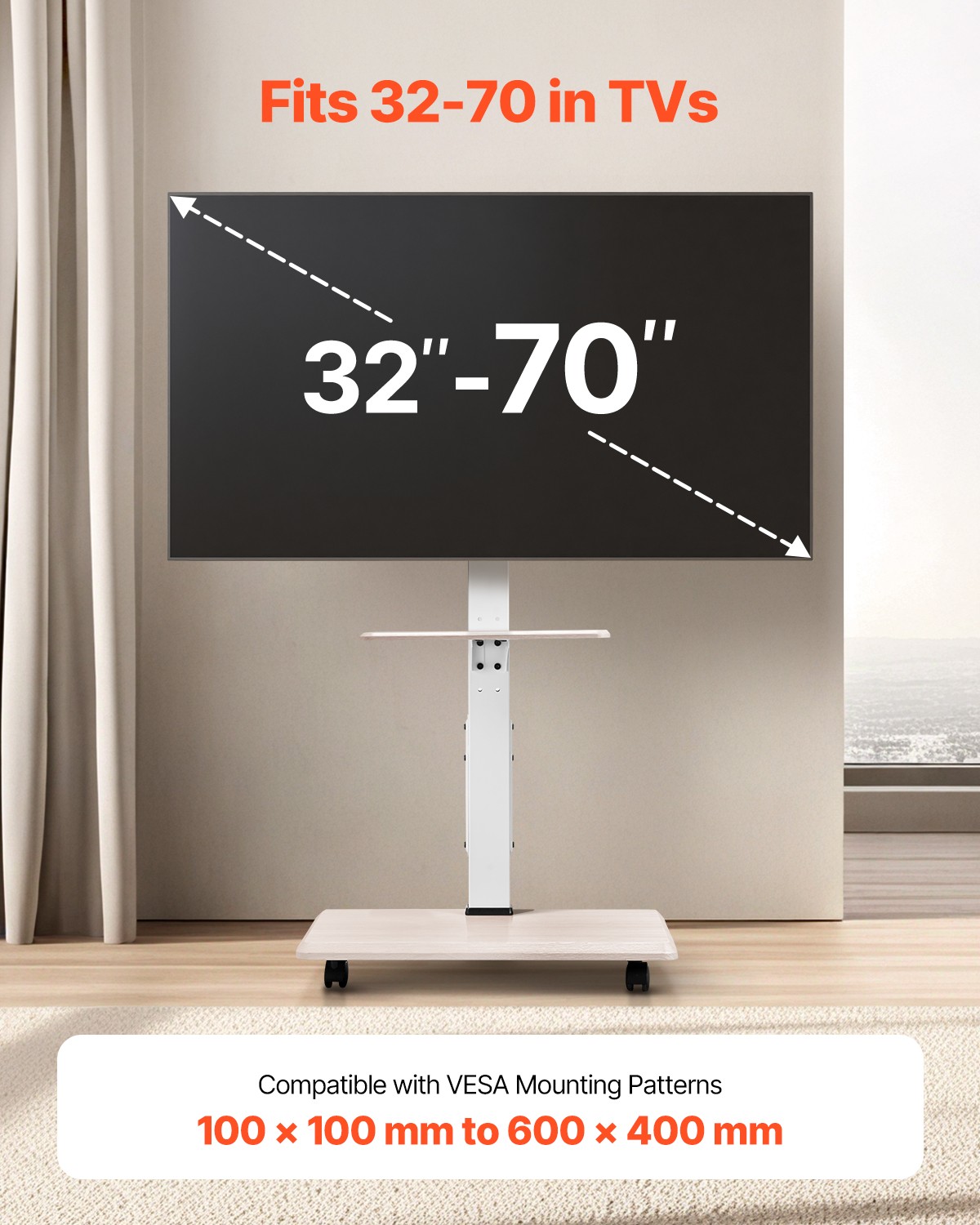 Rolling TV Stand Mobile TV Cart Holds Up to 88 lbs for 32-70 Inch Screens