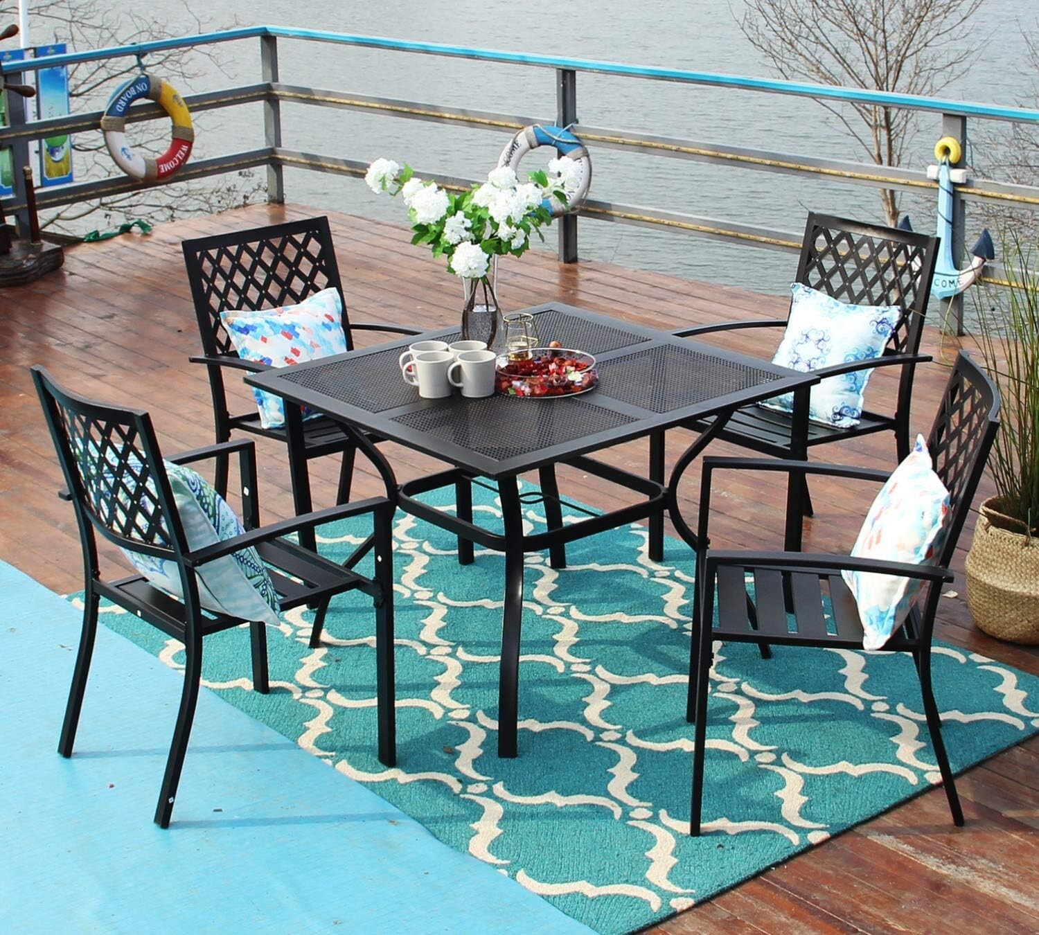 37" Outdoor Dining Table Metal Steel Mesh Patio Table with 1.57" Umbrella Hole