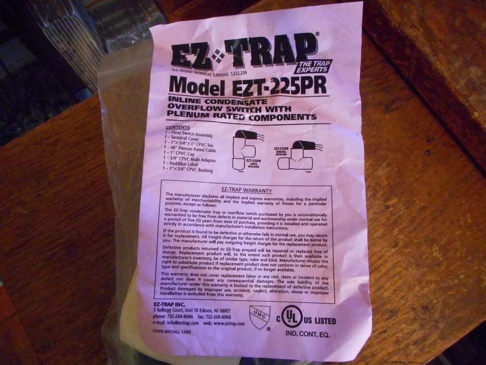 EZ TRAP EZT-225PR INLINE CONDENSATE OVERFLOW SWITCH