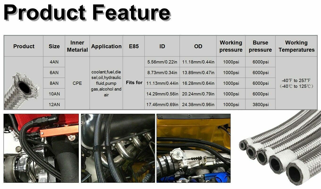 6AN 3/8" Fuel line Hose Braided Stainless Steel Oil Gas CPE Silver 10FT/20FT