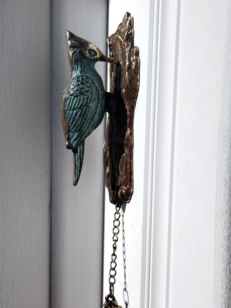 🚪✊VINTAGE SOLID BRASS bird DOOR KNOCKER PULL CHAIN sparrow WOODPECKER bell ring