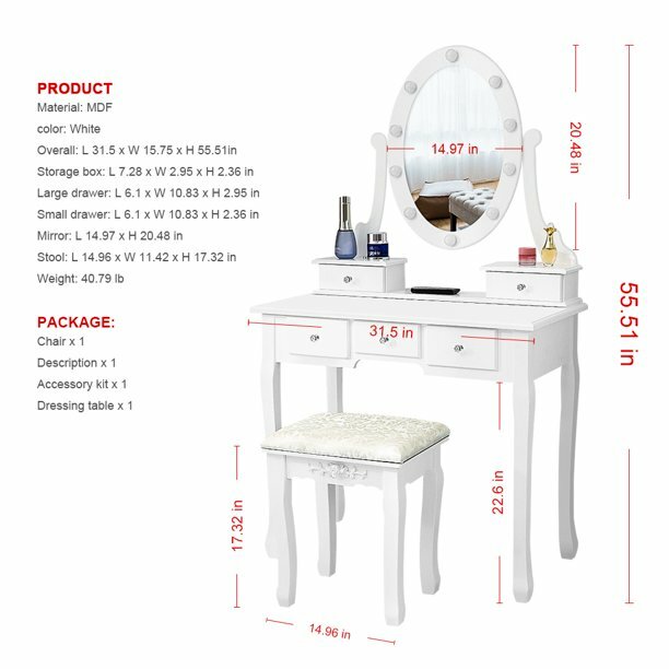 LED Makeup Vanity Table Set with 10 Lights Mirror and 5 Drawers Dressing Desk