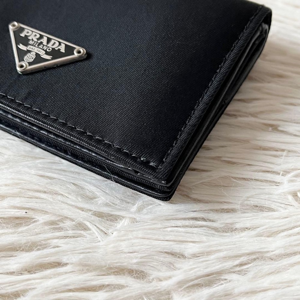 PRADA Triangle Logo Plate Compact Bi-Fold Wallet Black