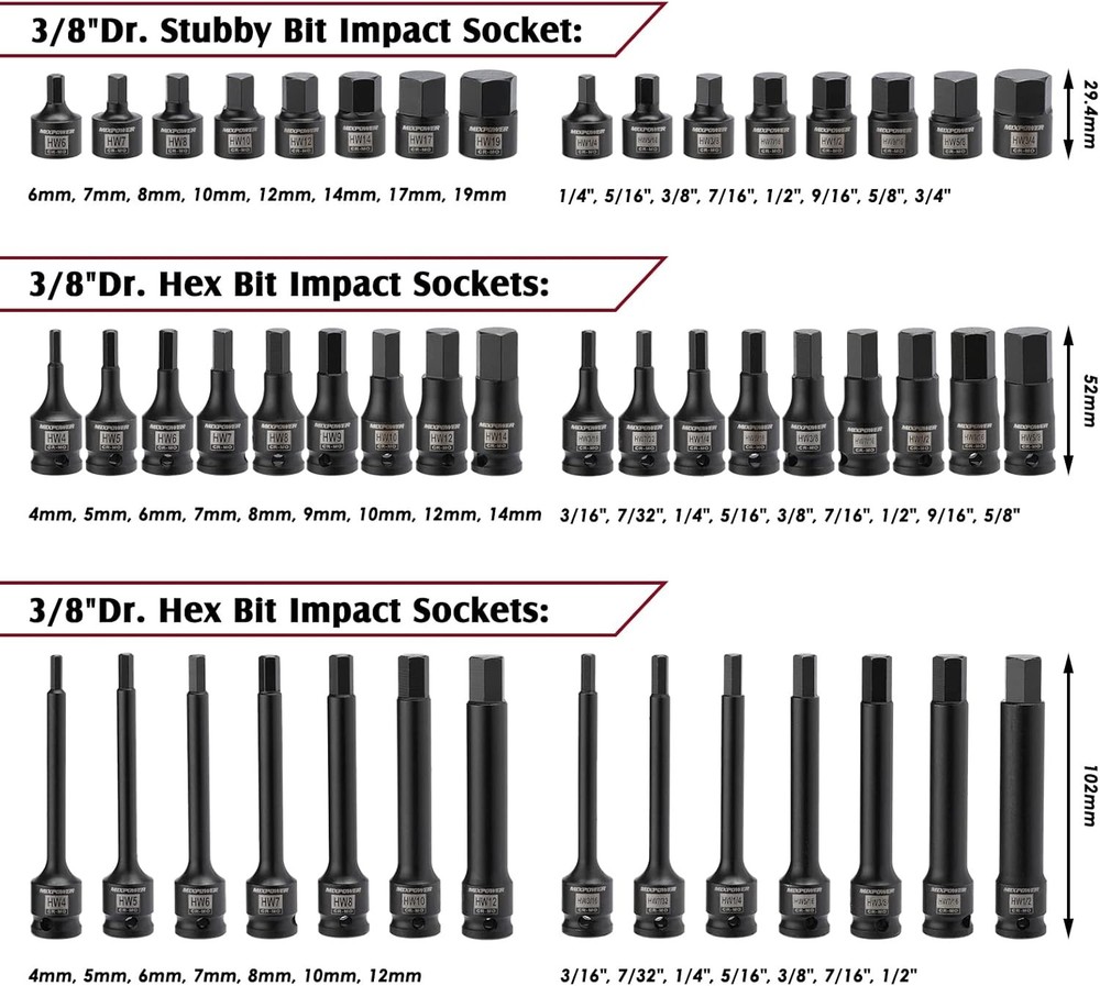 MIXPOWER 3/8" Drive Master Hex Bit Impact Socket Set, Black