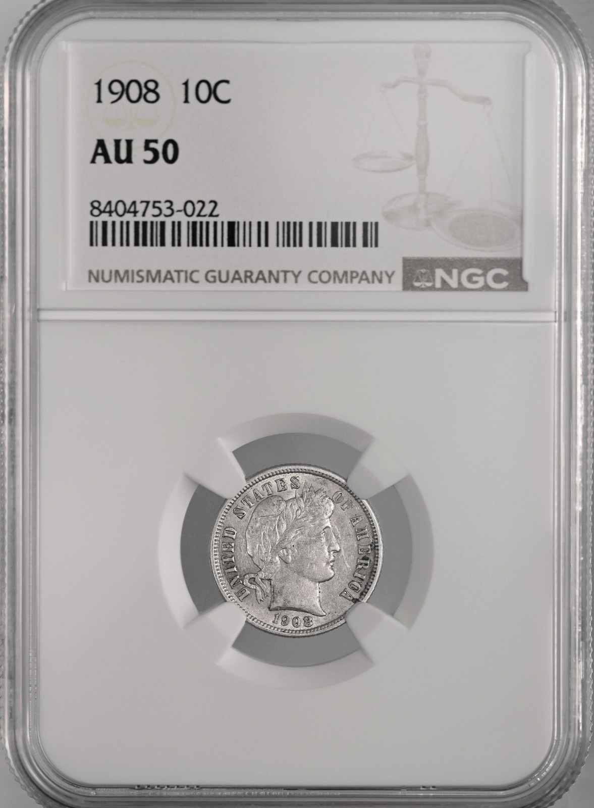 1908-P  10C BARBER SILVER DIME  "PHILADELPHIA"  NGC AU50  8404753-022