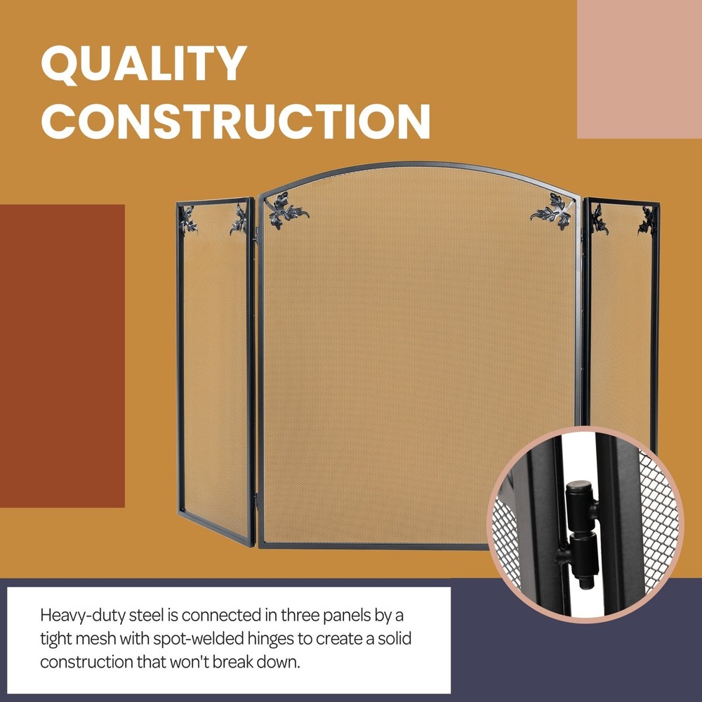 3 Panel Foldable Black Fireplace Screen Arched Fireplace Gate W/ Classic Leaf