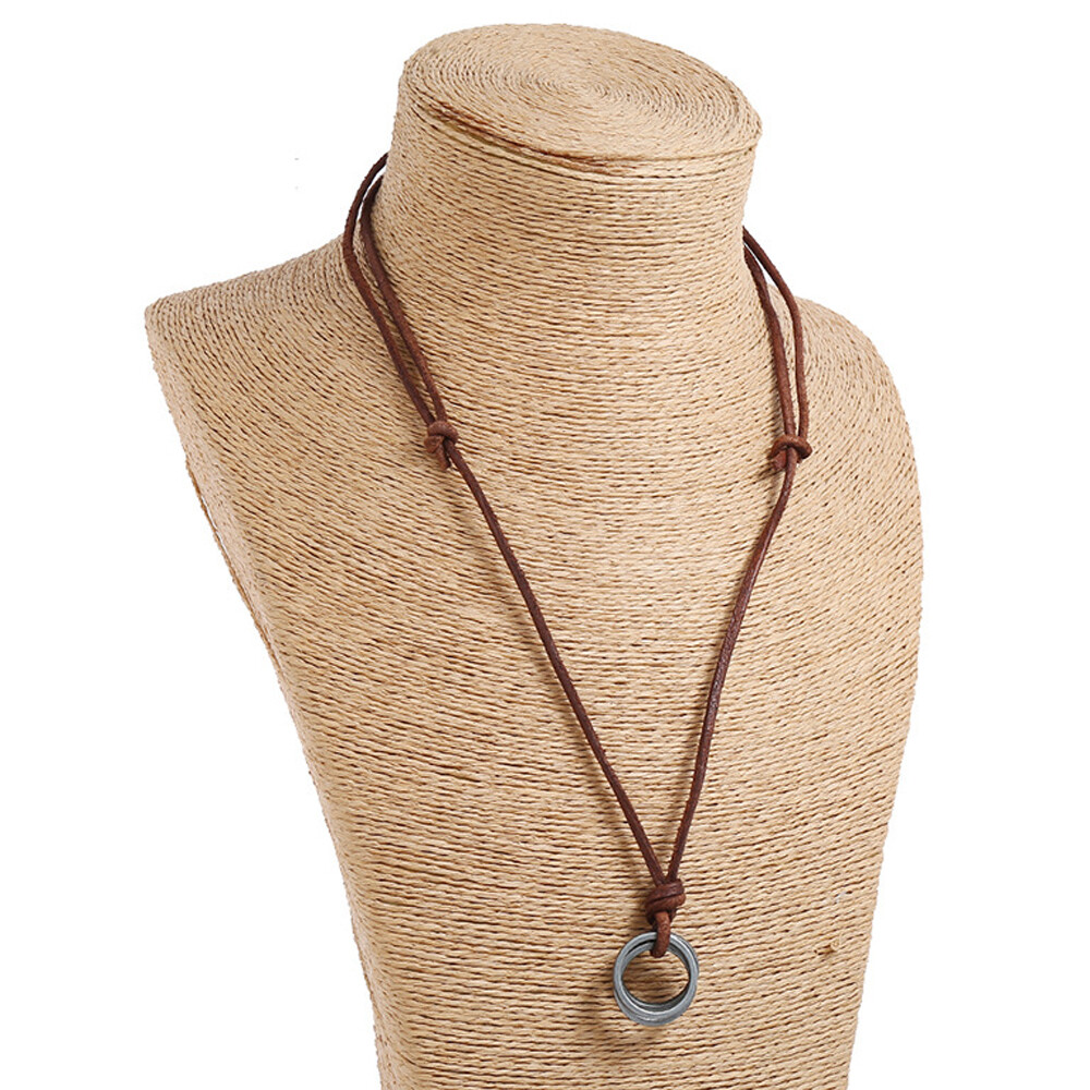 Retro Metal Rings Pendant Genuine Leather Surfer Choker Long Necklace Brown Mens
