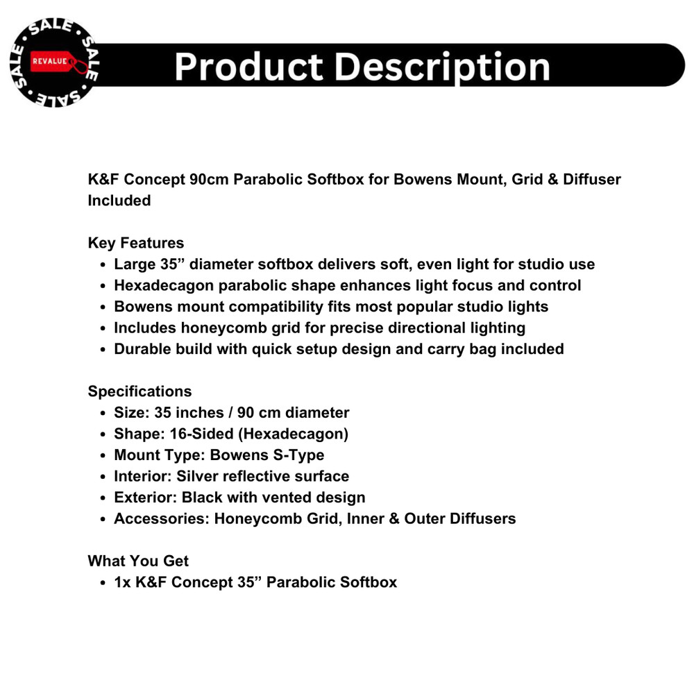 K&F Concept 90cm Parabolic Softbox for Bowens Mount, Grid & Diffuser Included