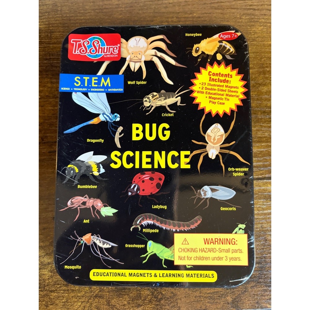 T.S. Shure Bug Science STEM Magnet Set Tin Case 23 Bug Magnets Educational
