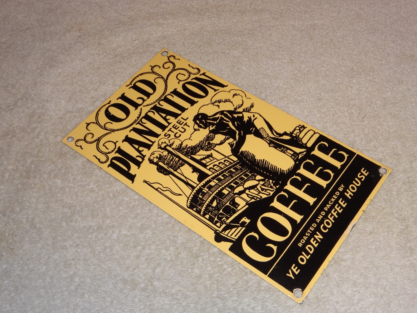 VINTAGE OLD PLANTATION COFFEE W/ PADDLE BOAT 10.5" PORCELAIN METAL GASOLINE SIGN