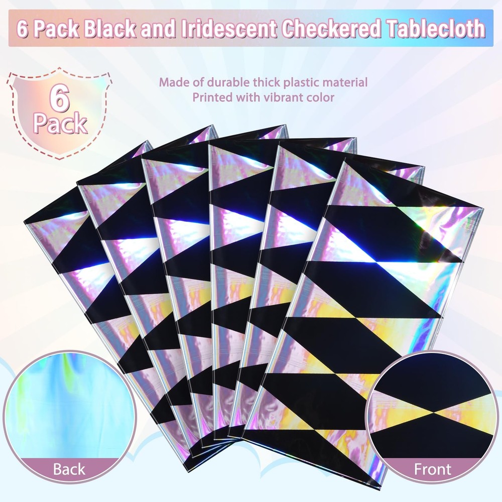 6 Pack Black and Iridescent Diamond Checkered Plastic Tablecloths, Black Ging...