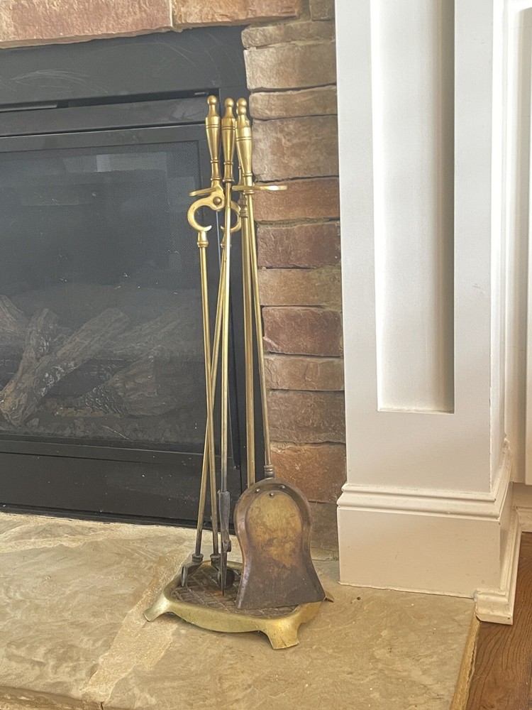 Vintage Solid Brass Fireplace Tool Set 4 Piece + Stand Missing Broom Head