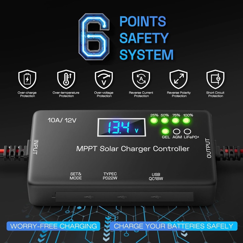 MPPT Solar Charge Controller 12V 10A, Intelligent Solar Panel Regulator with USB