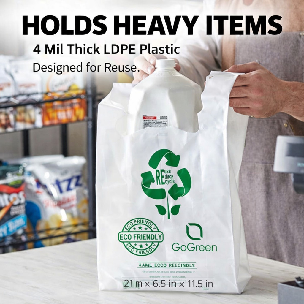White 4 Mil Reusable Grocery T-Shirt Bags 1/6 21x6.5x11.5 Heavy Duty